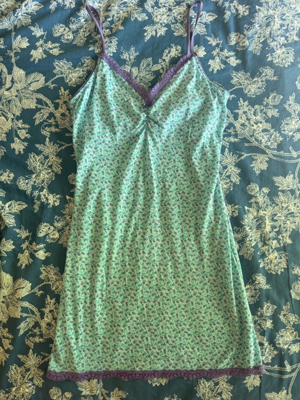 Victoria's Secret Mint Green Floral Slip with Purple Lace Trim